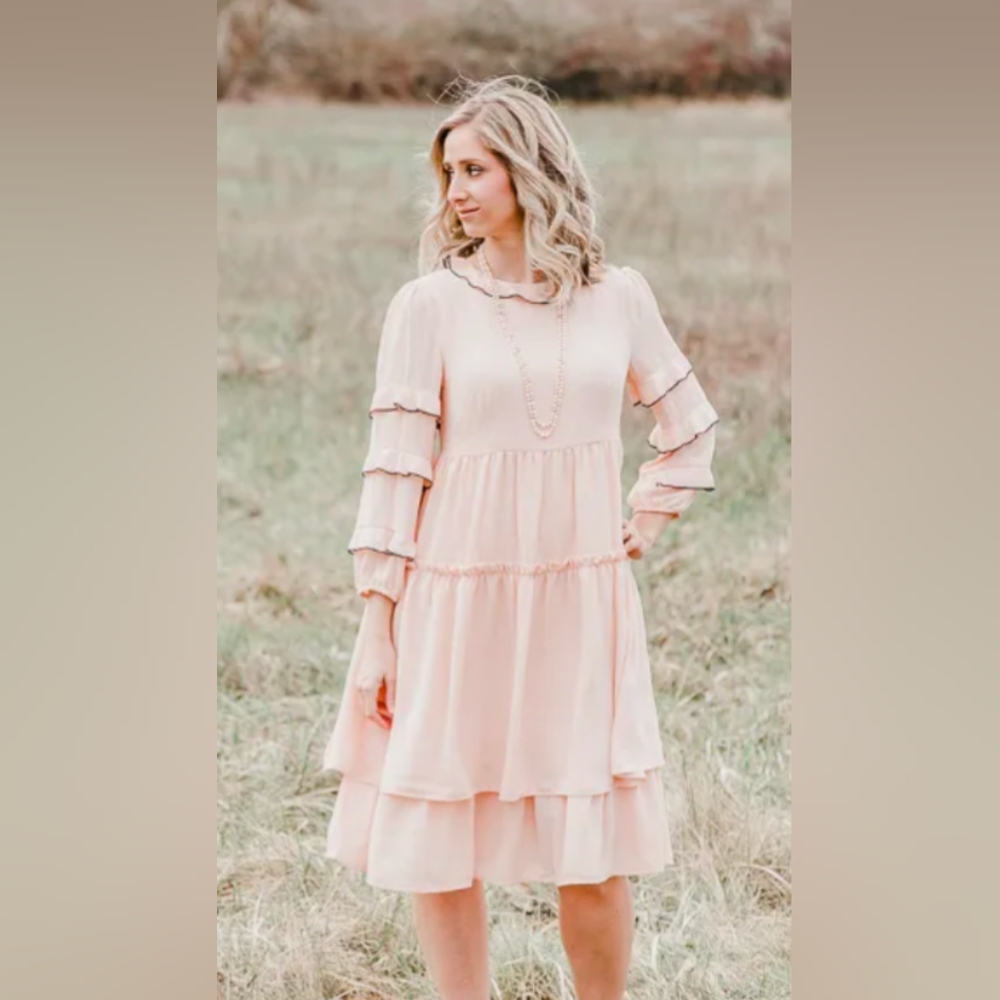 Who What Wear BLUSH Pink DRESS Tiered Ruffle Sheer Chiffon Flirty Flowy